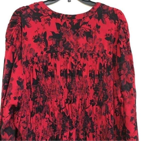 Torrid Babydoll Twill Smocked Button Front V-neck long sleeve Red Floral Tunic - Picture 9 of 16